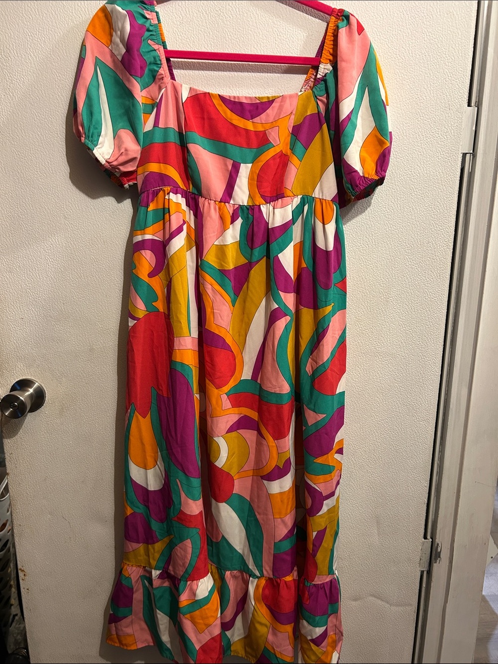 TCEC Multicolor Retro Print Midi Dress - Pink, Green, Purple, Yellow, Orange